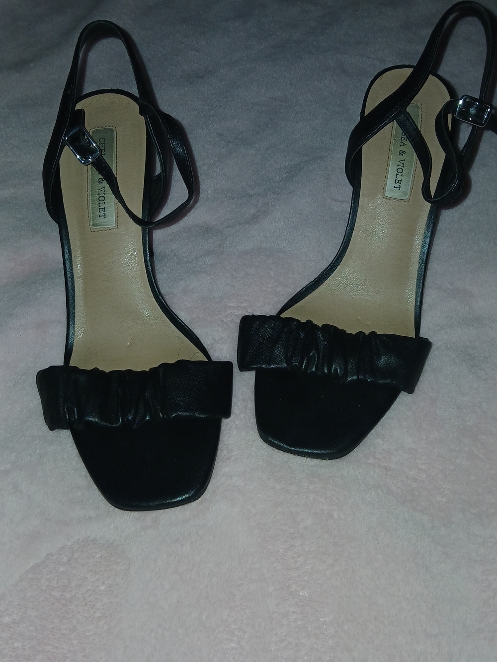 Chelsea & Violet Black Ruched Strap Open-Toe Heels